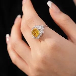 Exquisite silver-tone ring with a large square yellow zircon in a palace-inspired design