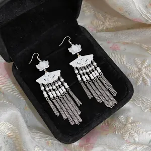 Elegant Chinese style fan earrings with long tassel and white flower in jewelry box