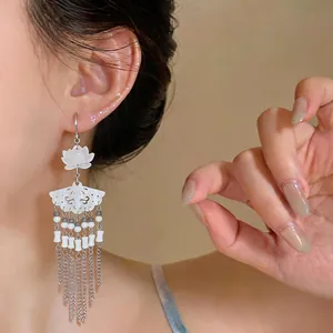 Elegant New Chinese style fan-shaped drop earrings with long silver tassels and lotus motif