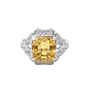 Elegant palace style silver ring with square yellow zircon and micro-pave crystals