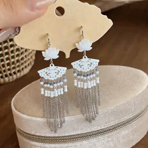 Neo-Chinese style white lotus fan tassel long hook earrings for elegant and vintage look