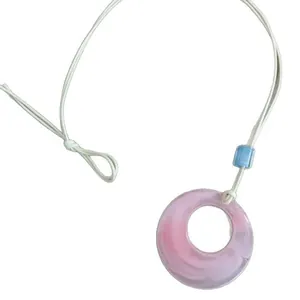 Korean style pink marbled circular pendant long necklace with off-white cord accessory