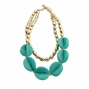 Luxury double layer necklace featuring gold beads and teal acrylic round resin elements