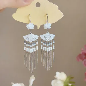 Elegant New Chinese style fan-shaped earrings with white lotus and long tassels