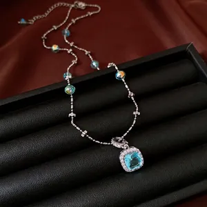 Luxury Copper Square Blue Zirconia Pendant Necklace For Women Elegant Artificial Pearl Glass Bead Clavicle Chain Jewelry