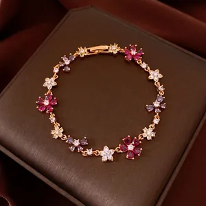 Luxury Real Gold Plated Copper Zirconia Flower Cross Splicing Bracelet For Women Elegant Multi Color Zircon Jewelry Gift