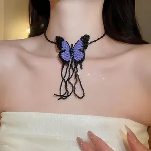 Sweet and cool purple butterfly beaded choker necklace featuring trendy black tassels