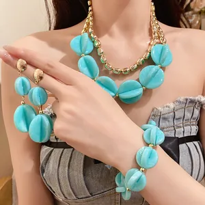 Close-up of turquoise acrylic jewelry set including double layer necklace and bracelet