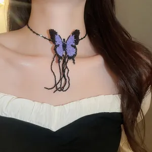 Handmade Glass Beaded Butterfly Pendant Necklace Sweet Cool Style Black Purple Tassel Choker Necklace For Women Jewelry