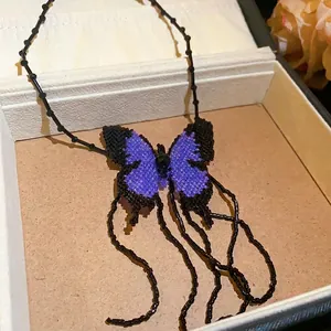 Handmade purple and black beaded butterfly necklace with long tassels and cool style