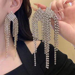 Exquisite Rhombus Tassel Dangle Earrings For Women Rhinestone Geometric Long Earrings With 925 Sterling Silver Earring Post