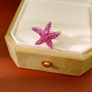 Boucle d'oreille clip étoile de mer en zircone rose nichée dans un coffret en velours