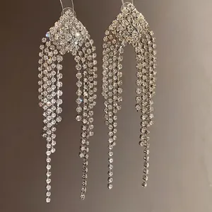 Elegant silver rhinestone rhombus tassel dangle earrings for women in luxury fashion style