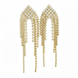 Elegant gold finish rhombus drop earrings featuring cascading rhinestone fringe tassels.