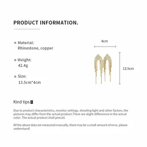 Detailed product info for rhinestone tassel earrings: size 13.5x4cm and copper material.