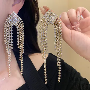Exquisite long silver needle diamond tassel drop earrings with sparkling crystals