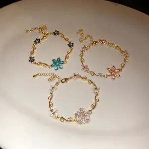 Bracelets à fleurs en zircon plaqué or 18 carats de style vintage élégant pour femmes
