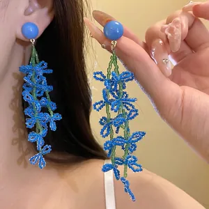 Sweet Floral Glass Bead Tassel Earrings For Women Elegant Blue Green Flower Drop Earrings With 925 Sterling Silver Earring Post
