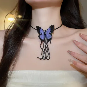 Close-up of a handmade purple and black butterfly beaded choker on a model's neck.