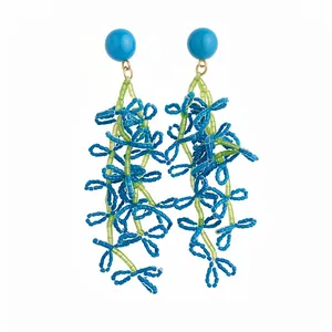 Vibrant blue and green beaded flower tassel earrings with sterling silver needles