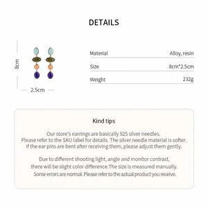 Detailed specifications of long resin dangle earrings with colorful oval stones