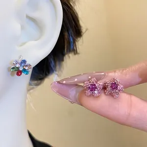 Women Fashion Alloy Star Floral Stud Earrings Rhinestone Polymer Clay Inlaid Jewelry Pink Multicolor Resort Style Exquisite Earrings