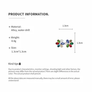 Product specifications detail for colorful flower-shaped rhinestone stud earrings, 1.3cm.