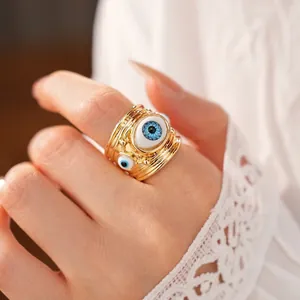 European Exaggerated Resin Evil Eye Open Ring Gold Plated Alloy Geometric Multi Layer Adjustable Finger Ring For Women Fashion Jewelry