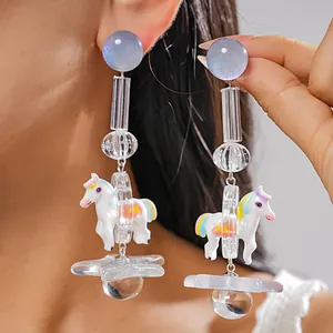 Dopamine Creative Resin Unicorn Star Dangle Earrings With Steel Earring Post Colorful Cartoon Pony Drop Earrings For Women