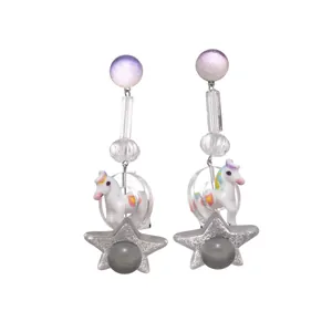 Creative dopamine style resin unicorn and silver glitter star drop earrings with silver studs