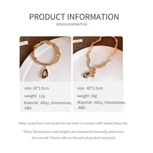 Detailed product information for rhinestone pendant necklace and bracelet set with dimensions