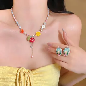 Orecchini a Bottone con Perla Artificiale Ovale Vintage Collana di Perline Floreali Gioielli in Lega Smaltata per Donna