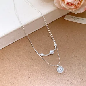 French style double layer necklace with star zircon pendant and pearls for women