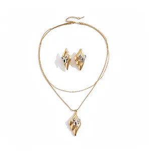 Gold stainless steel bow pendant necklace and earrings jewelry set for women