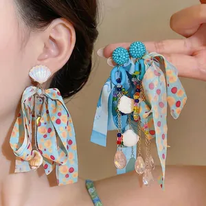 Lussuosi Orecchini Pendenti con Fiocco in Chiffon Conchiglia e Stella Marina Con Perno in Argento Sterling 925 Gioielli