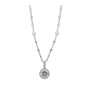 Elegant silver-toned necklace featuring a large round zircon pendant and delicate pearls
