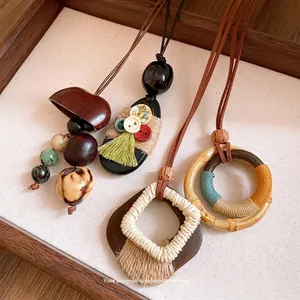 Maillard Style Bohemian Wood Pendant Necklace Retro Geometric Diamond Oval Handmade Hemp Rope Brass Plated Jewelry For Women