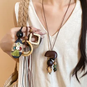 Bohemian handmade wood and hemp rope pendant necklace set in Maillard earthy tones