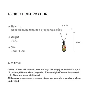 Detailed product info for boho wood chip and hemp rope pendant necklace with dimensions