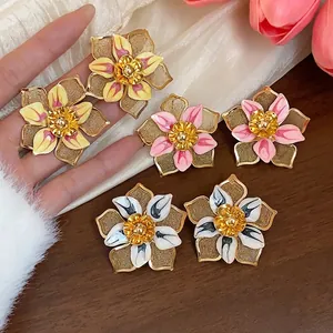 Vintage Exaggerated Enamel Flower Stud Earrings For Women Elegant Gold Plated Iron Floral Jewelry With Steel Earring Post