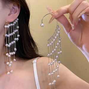 Elegant Copper Artificial Pearl Tassel Ear Cuff For Women Vintage Luxury Long Dangle Earrings No Piercing Needed Party Jewelry