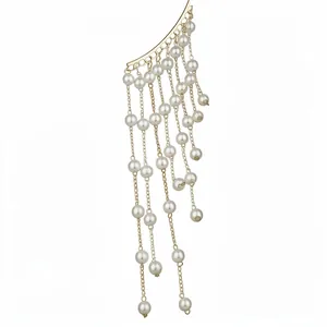 Elegant pearl tassel ear cuff earring featuring long gold-tone chains and beads