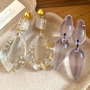 Unique handmade gold foil clear resin and lavender translucent teardrop dangle earrings