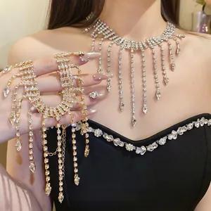 Luxury Copper Rhinestone Water Drop Tassel Necklace For Women Elegant Choker Necklace For Wedding Party High-End Fashion Jewelry