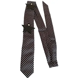 Chic black and white polka dot long scarf necktie featuring edgy star patches and studs
