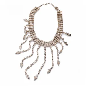 Elegant silver-toned rhinestone choker featuring cascading water-drop tassel charms for women