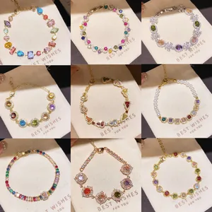 Luxury Copper Zirconia Flower Bracelet For Women Real Gold Plated Colorful Heart Geometric Link Bracelet Fashion Jewelry Gift