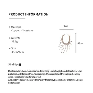 Detail info of rhinestone tassel necklace showing 48cm length and copper material