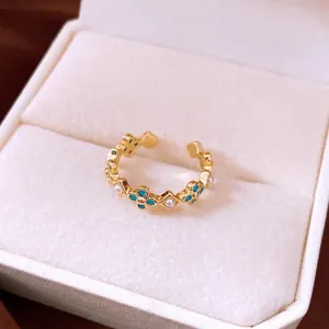 New Chinese Style Blue Flower Open Adjustable Ring Gold Plated Vintage Floral Finger Ring For Women Luxury Fashion Jewelry