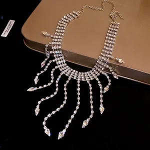 Close-up of luxury rhinestone choker necklace with elegant water-drop shaped tassels